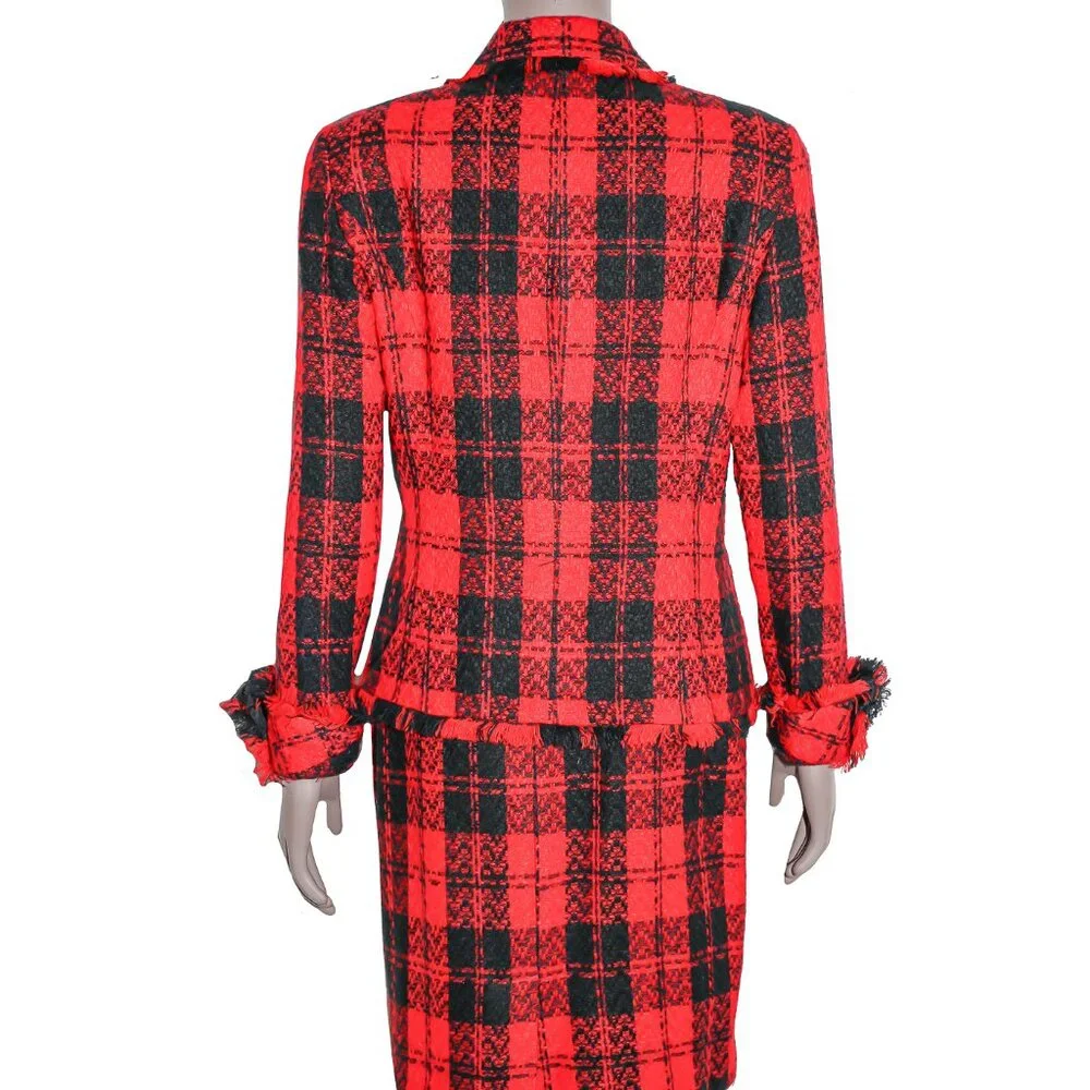 Vintage 80s‎ Red Black Plaid Skirt Suit Matching Set Formal Evening Work Office